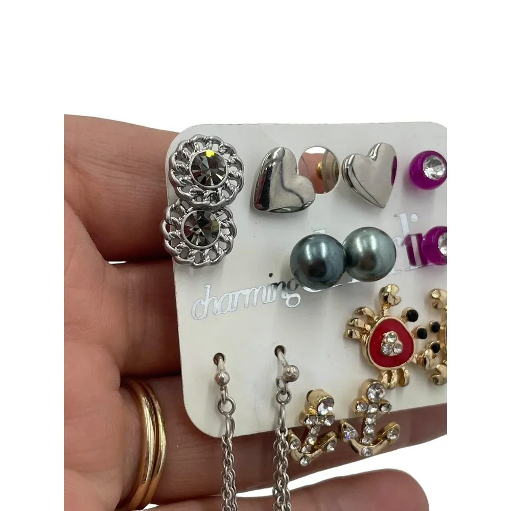 Set Of 9 Charming Charlie Mixed Metal Stud & Dangle Earrings With Crab Anchor & - Picture 3 of 7